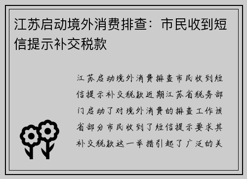 江苏启动境外消费排查：市民收到短信提示补交税款